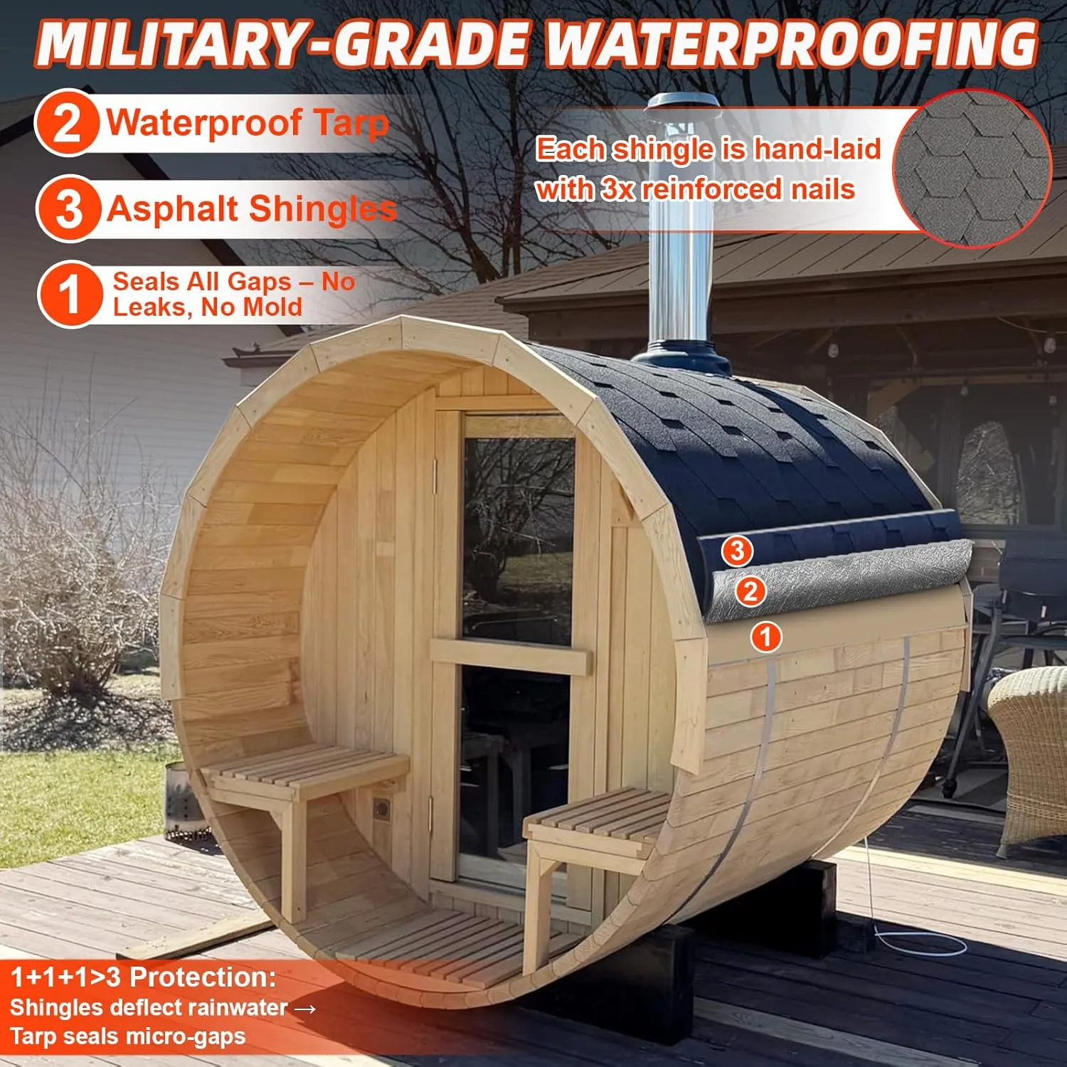 Outdoor Barrel Sauna with Porch, Wood Burning Stove Sauna 4 Person with Large Glass Windows, Canadian Hemlock, Chimney Kit, Triple Waterproof System, Double Reinforcement(0-195℉)