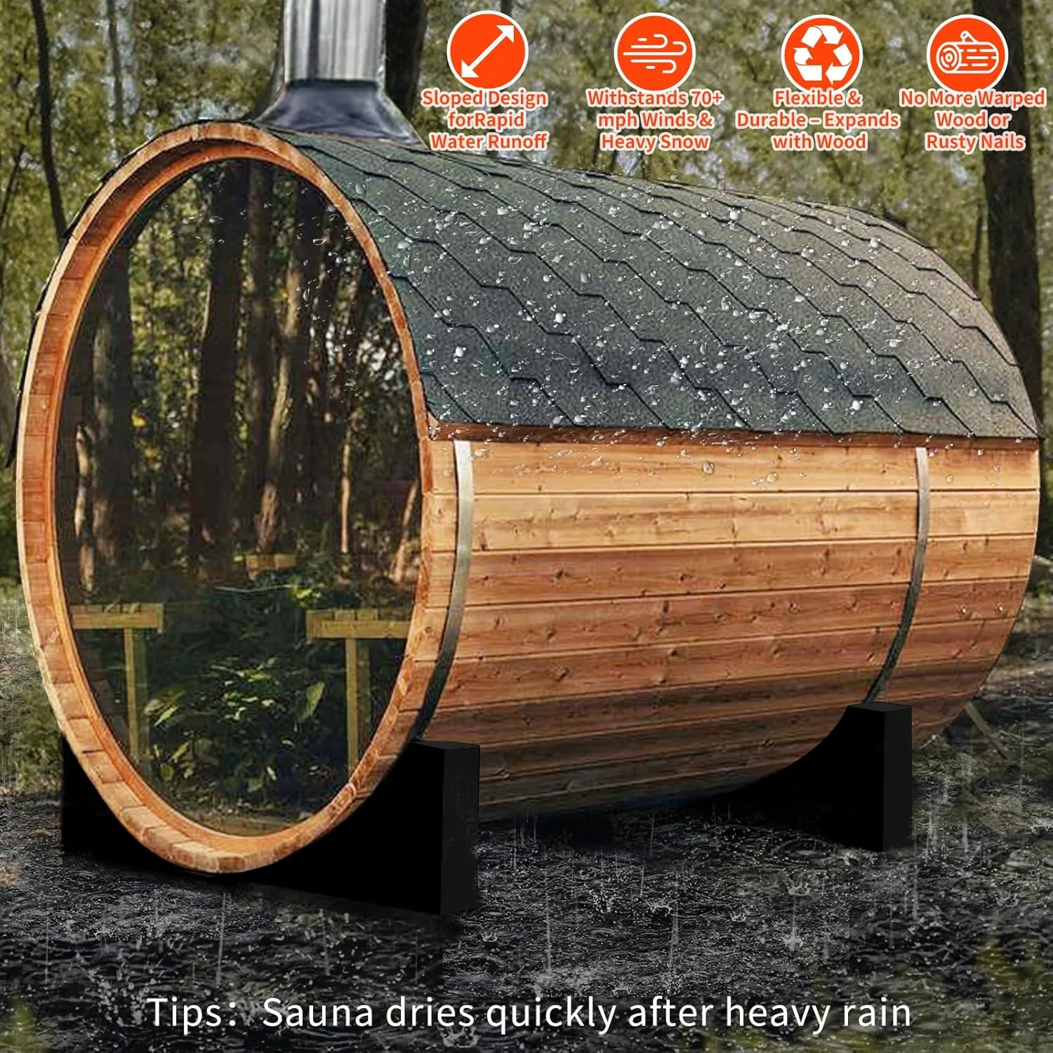 Outdoor Barrel Sauna with Porch, Wood Burning Stove Sauna 4 Person with Large Glass Windows, Canadian Hemlock, Chimney Kit, Triple Waterproof System, Double Reinforcement(0-195℉)