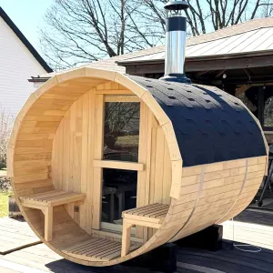 Outdoor Barrel Sauna with Porch, Wood Burning Stove Sauna 4 Person with Large Glass Windows, Canadian Hemlock, Chimney Kit, Triple Waterproof System, Double Reinforcement(0-195℉)