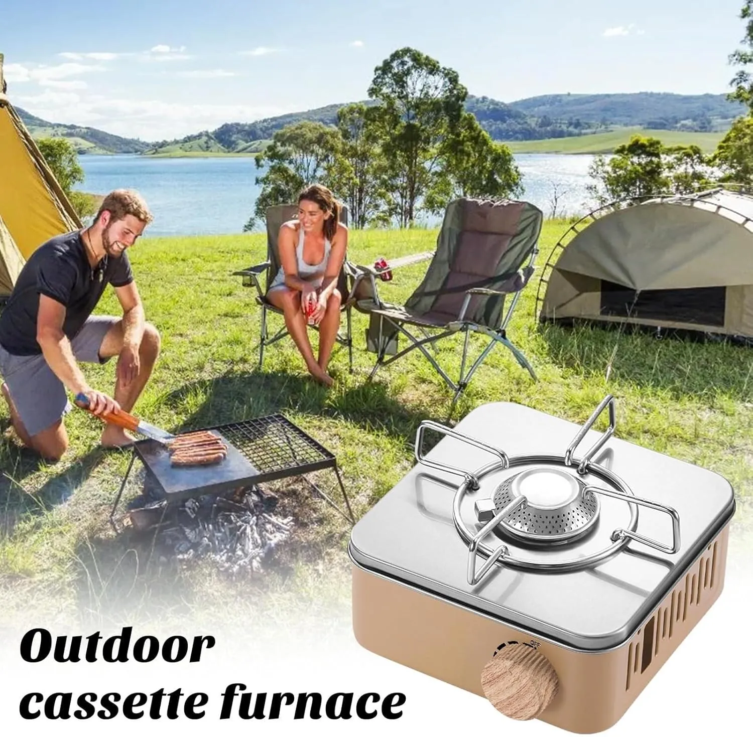 Outdoor Camping Stove, Portable Butane Stove, Stainless Steel Gas Valve Propane Burner Stove for Camping,BBQ,Picnics Hiking,Backpacking,Home Outdoor Cooking Equipment (White)(Khaki)