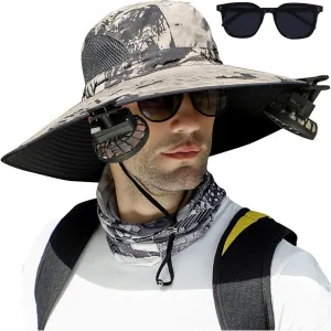 Outdoor Wide Brim Sun Hat with 2 Solar Fan Fishing Hat for Men&Women,Outdoor Waterproof Upf0 Sun Hat with Sunglasses