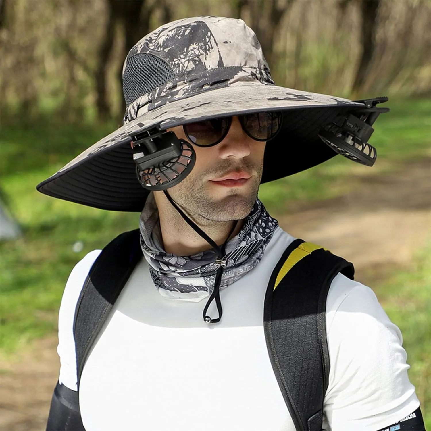 Outdoor Wide Brim Sun Hat with 2 Solar Fan Fishing Hat for Men&Women,Outdoor Waterproof Upf0 Sun Hat with Sunglasses