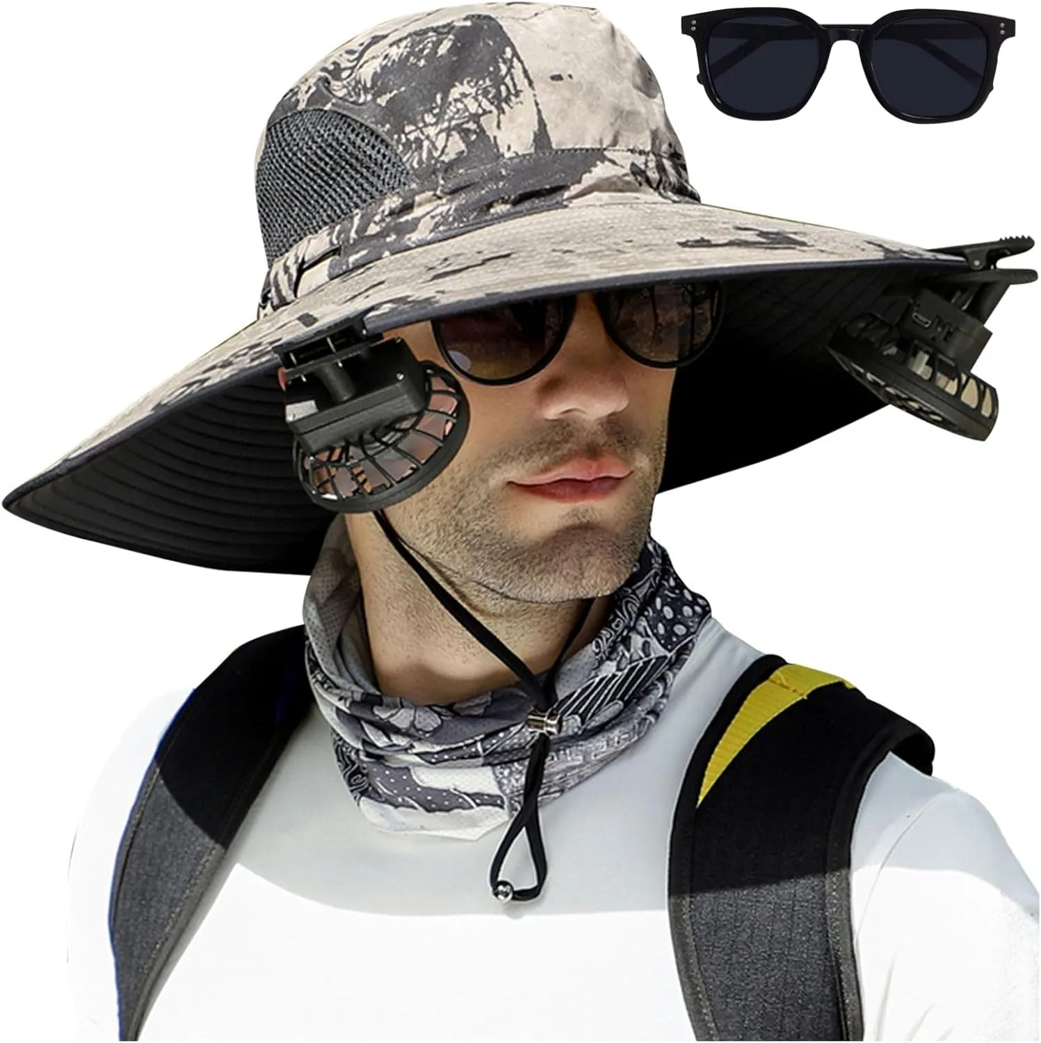 Outdoor Wide Brim Sun Hat with 2 Solar Fan Fishing Hat for Men&Women,Outdoor Waterproof Upf0 Sun Hat with Sunglasses