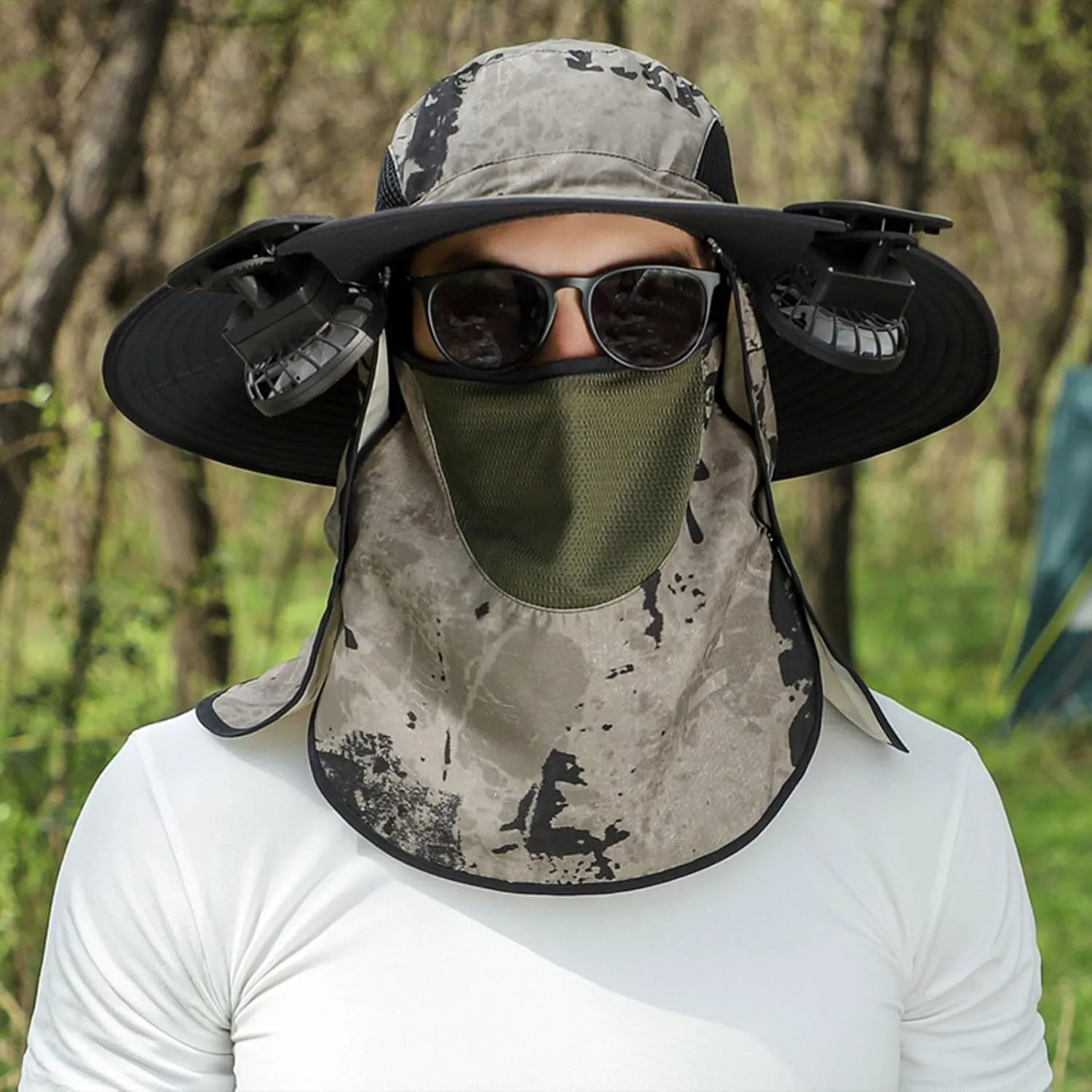 Outdoor Wide Brim Sun Hat with 2 Solar Fan Fishing Hat for Men&Women,Outdoor Waterproof Upf0 Sun Hat with Sunglasses