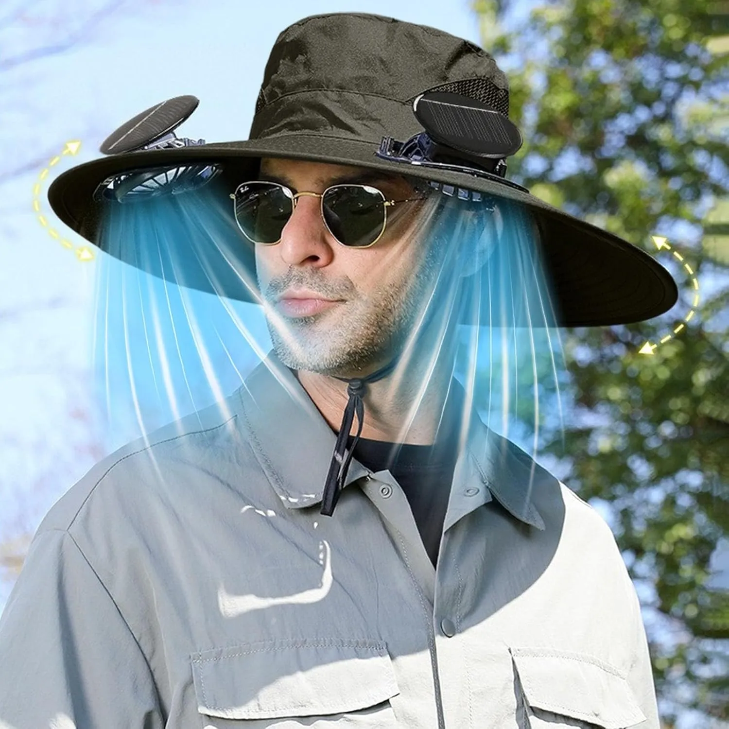 Outdoor Wide Brim Sun Hat with 2 Solar Fan Sun Bucket Hat for Men Women UPF 50  Bucket Fishing & Beach Hat with Fan Built in