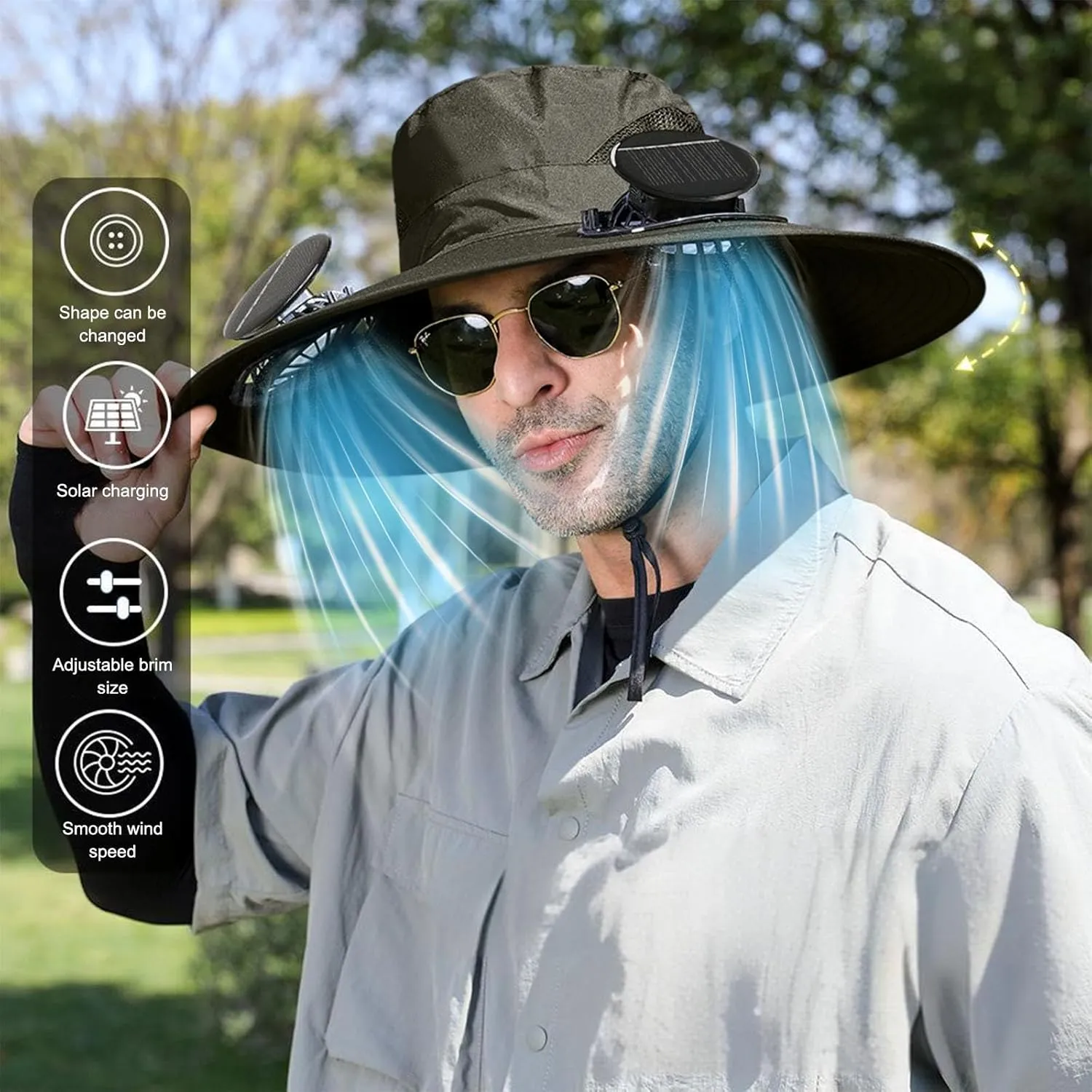 Outdoor Wide Brim Sun Hat with 2 Solar Fan Sun Bucket Hat for Men Women UPF 50  Bucket Fishing & Beach Hat with Fan Built in
