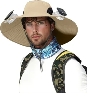 Outdoor Wide Brim Sun Hat with Solar Fan Sun Bucket Hat for Men Women UPF 50  Bucket Fishing, Beach Hat with Fan Built in