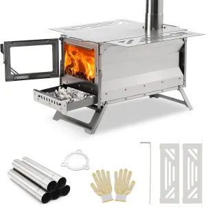 Outdoor Wood Burning Stove, Portable with Chimney Pipe for Cooking, Camping, Tent (View Glass)