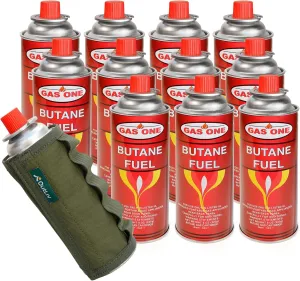 OutLiv Tactical Outdoor Protective Canister Sleeve B/w Gas One Butane Fuel Canisters 8oz(227g) Performance/Butane Gas/Butane Refill for Butane Stove/Butane Camping Stove (Pack of 12)(Woodland Green)