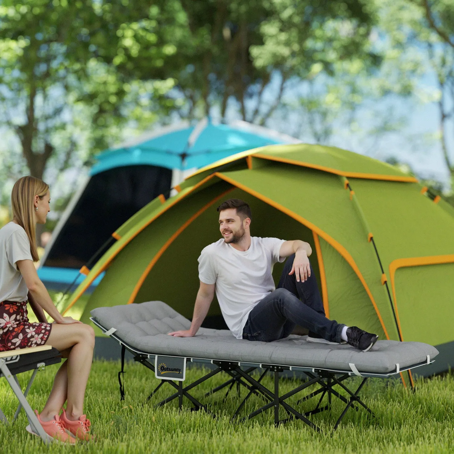 Outsunny Camping Cot For Adults With Mattress, Folding Bed, Light Grey