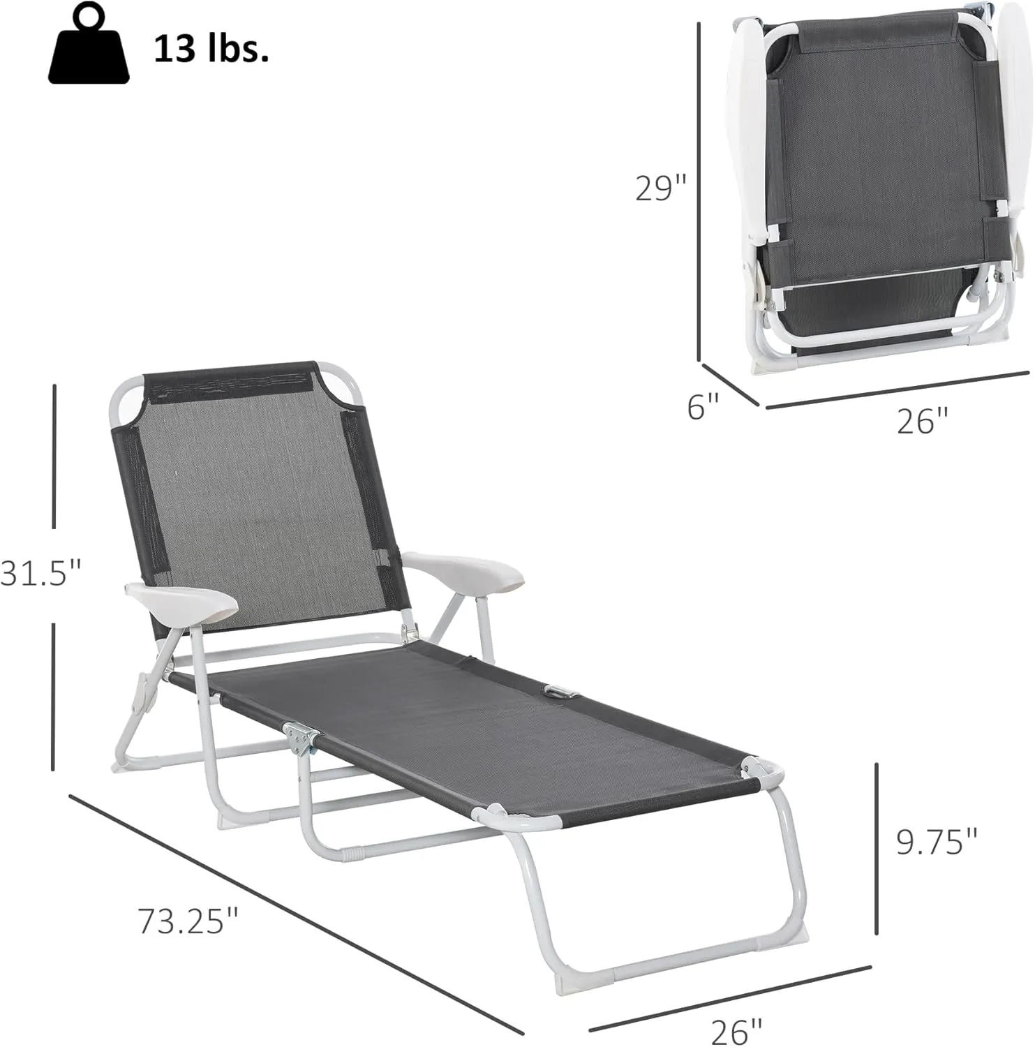 Outsunny Folding Lounge Chair, Portable Outdoor Chaise Lounge, Sun Tanning Chair with 4-Position Reclining Back, Armrests, Metal Frame and Mesh Fabric for Beach, Yard, Patio, Dark Gray