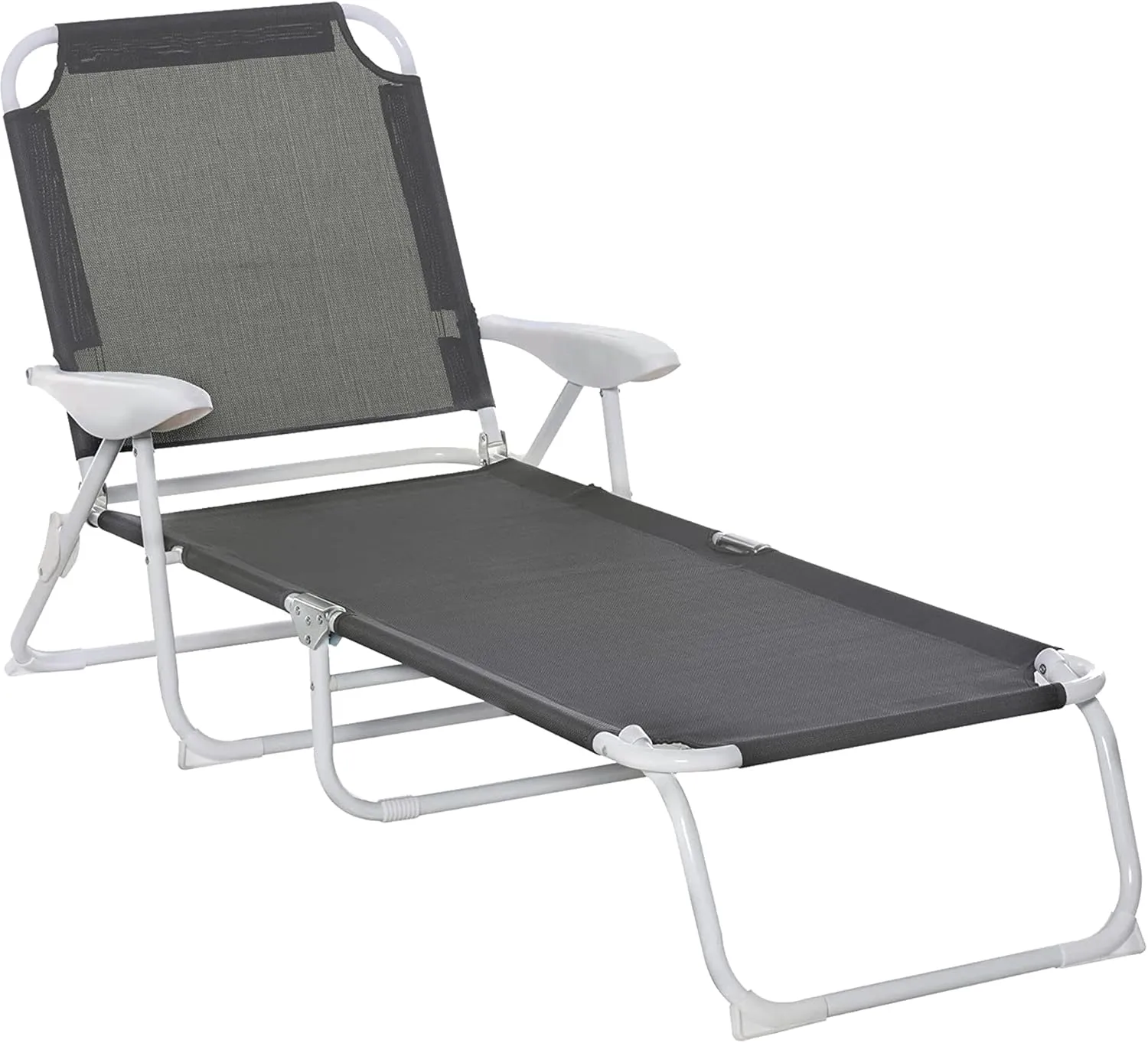 Outsunny Folding Lounge Chair, Portable Outdoor Chaise Lounge, Sun Tanning Chair with 4-Position Reclining Back, Armrests, Metal Frame and Mesh Fabric for Beach, Yard, Patio, Dark Gray