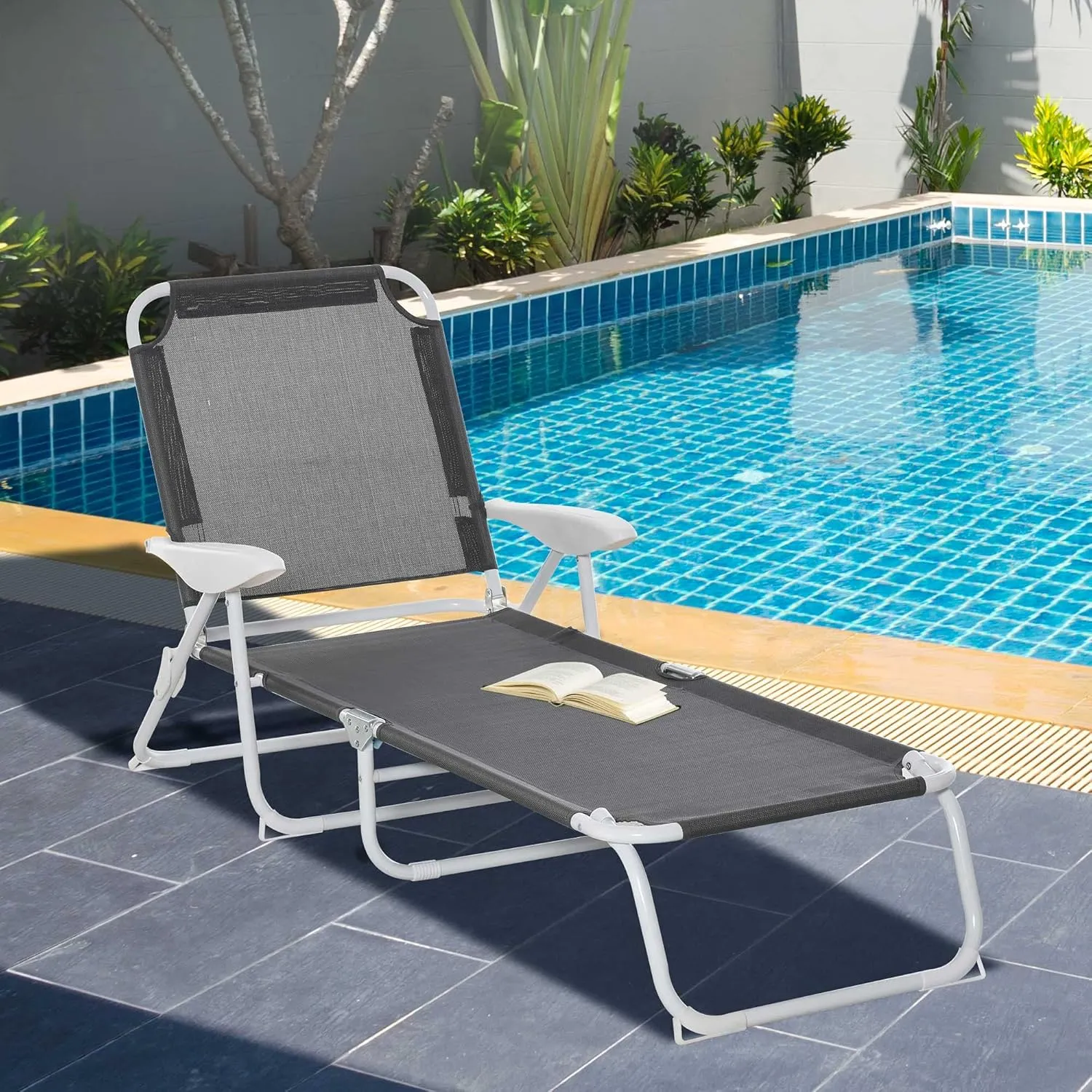 Outsunny Folding Lounge Chair, Portable Outdoor Chaise Lounge, Sun Tanning Chair with 4-Position Reclining Back, Armrests, Metal Frame and Mesh Fabric for Beach, Yard, Patio, Dark Gray