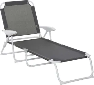 Outsunny Folding Lounge Chair, Portable Outdoor Chaise Lounge, Sun Tanning Chair with 4-Position Reclining Back, Armrests, Metal Frame and Mesh Fabric for Beach, Yard, Patio, Dark Gray