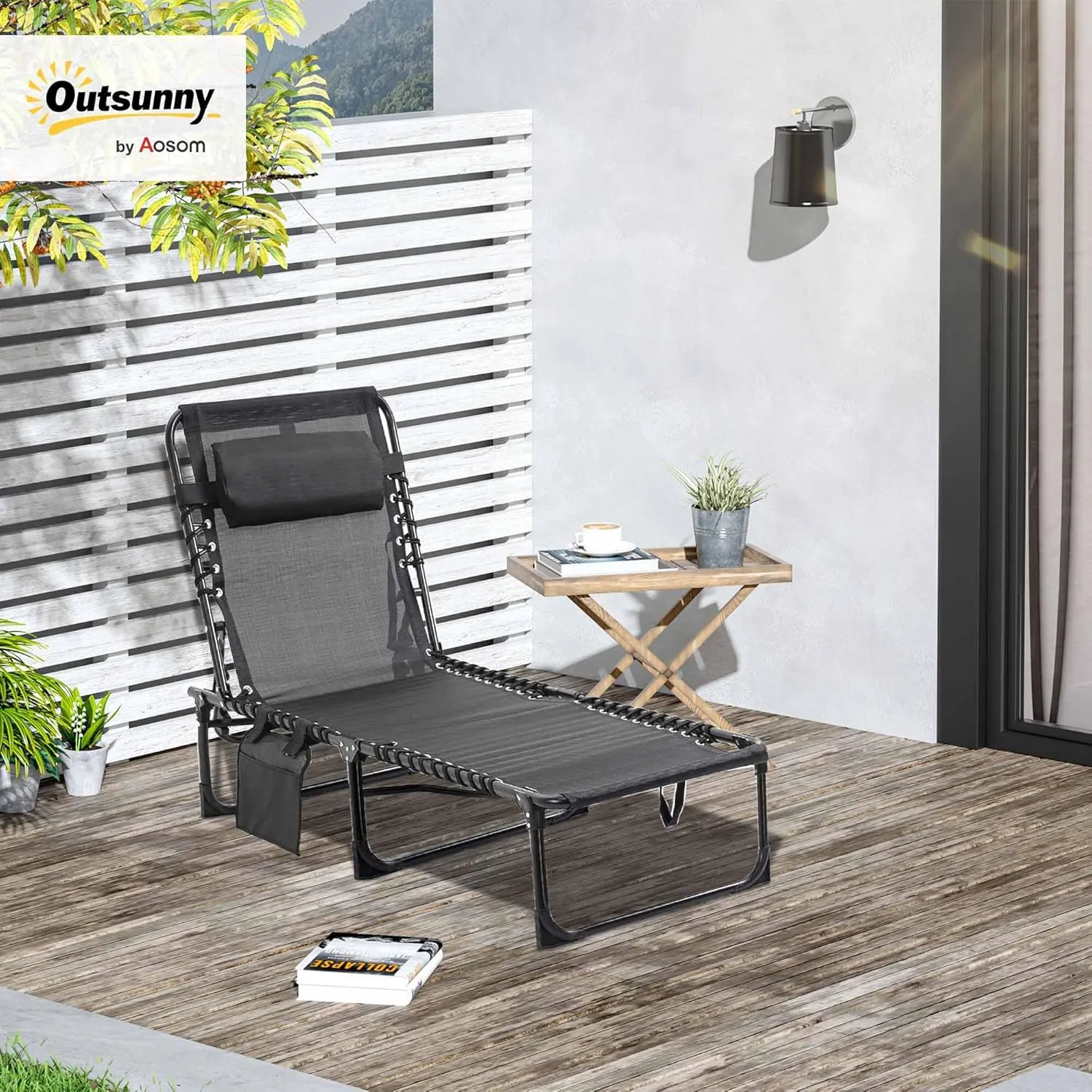 Outsunny Reclining Chaise Lounge Chair, Portable Sun Lounger, Folding Camping Cot with Adjustable Backrest and Removable Pillow, for Patio, Garden, Beach, Black
