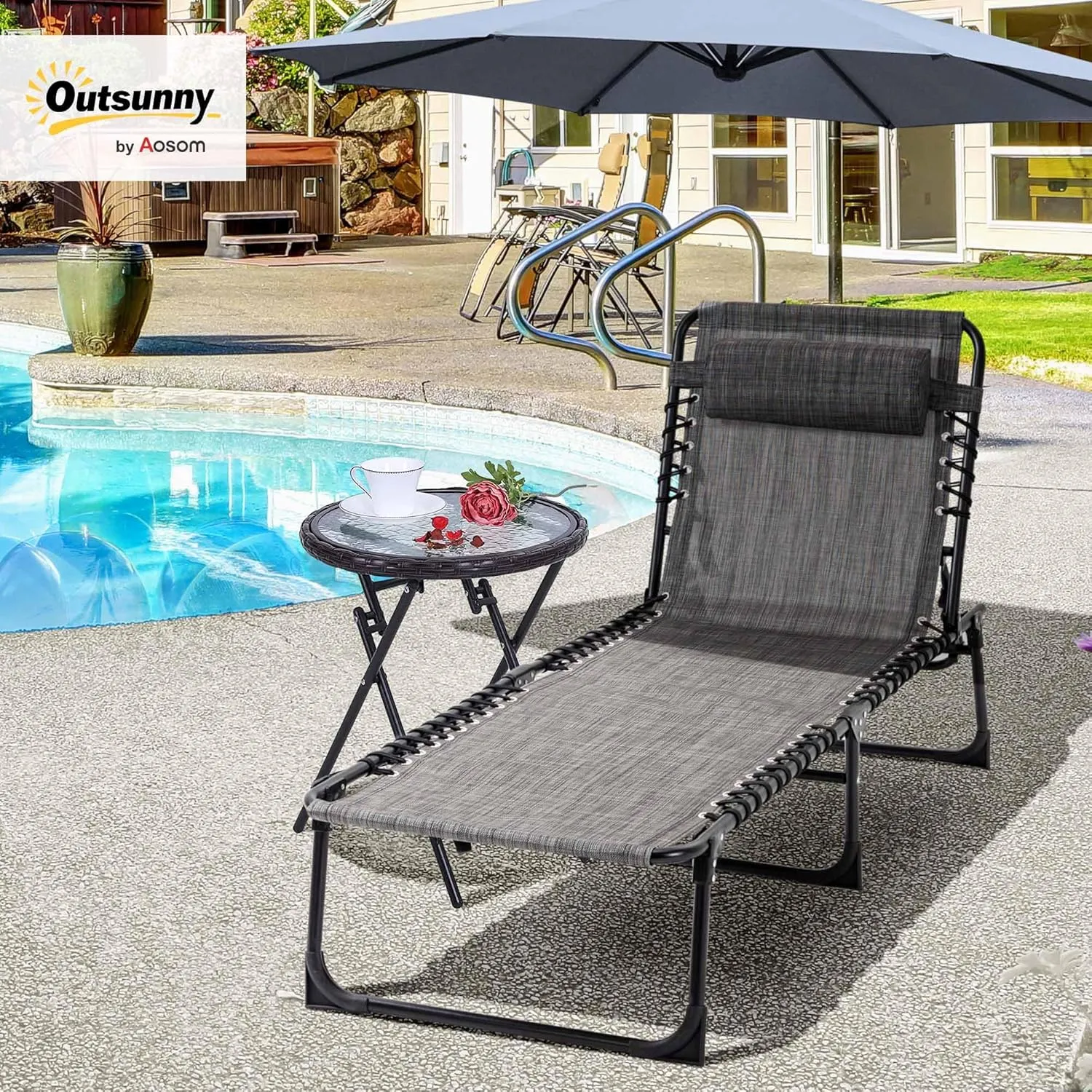 Outsunny Reclining Chaise Lounge Chair, Portable Sun Lounger, Folding Camping Cot with Adjustable Backrest and Removable Pillow, for Patio, Garden, Beach, Gray