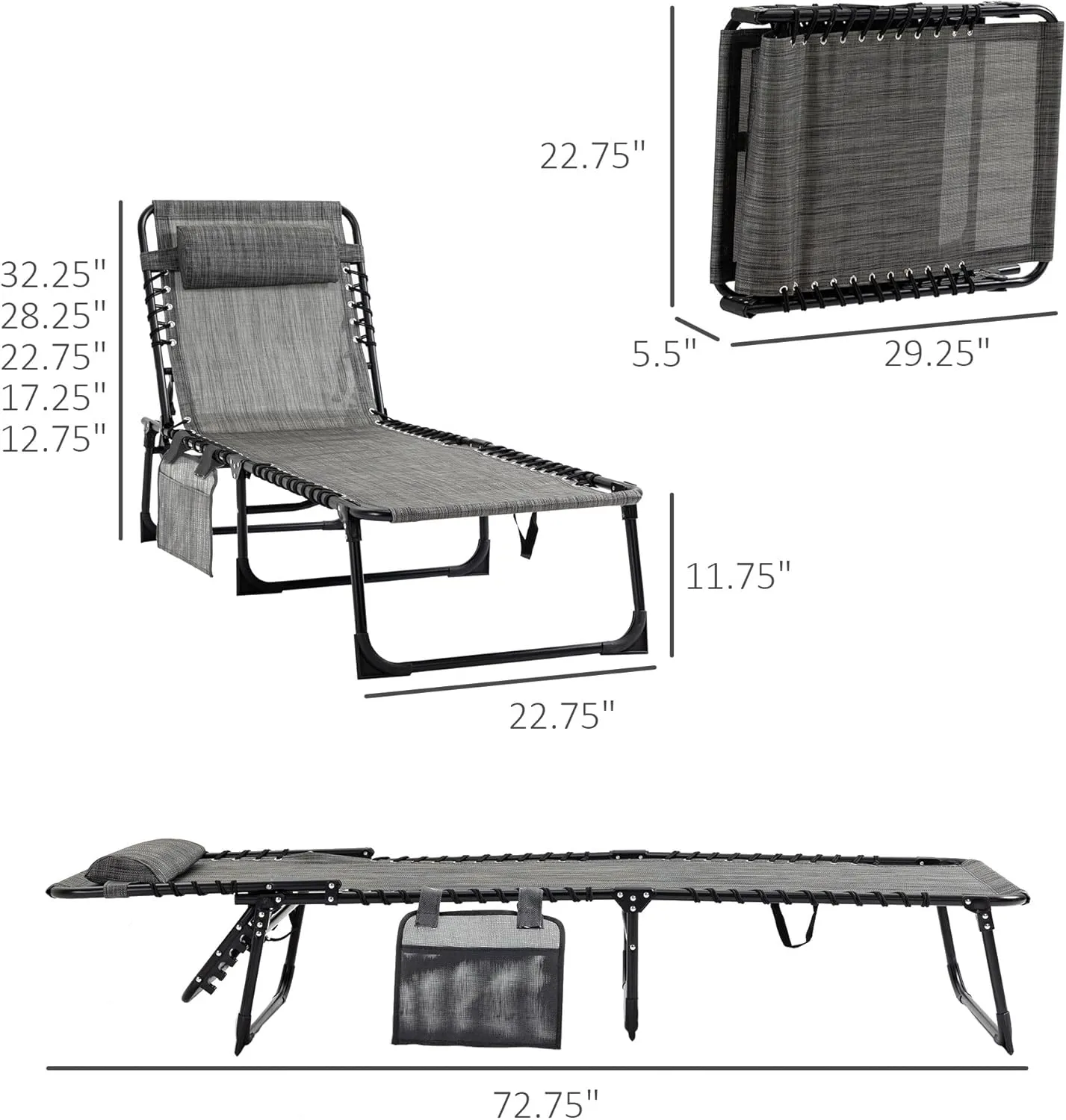 Outsunny Reclining Chaise Lounge Chair, Portable Sun Lounger, Folding Camping Cot with Adjustable Backrest and Removable Pillow, for Patio, Garden, Beach, Gray