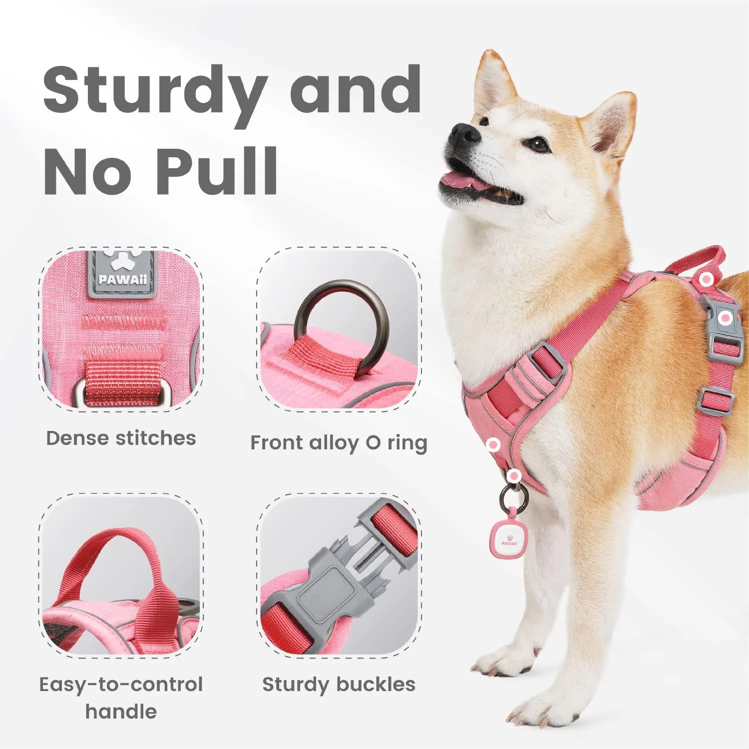 Pawaii No Pull Dog Harness with Pet ID Tag,Reflective Strips No Choke Front O Ring Breathable Mesh Adjustable Soft Padded Pet Vest with Easy Control Handle for Medium Dogs