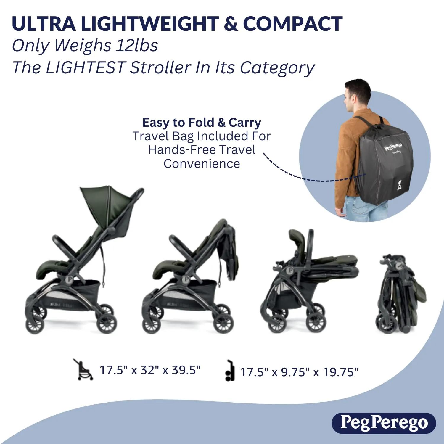 Peg Perego Volo, Ultra Lightweight Carry On Compliant Travel Stroller, Adjustable Features & Reclining Seat - Designed for Everyday Comfort from Newborn to 50lbs, Misty Beige (Light Greige)