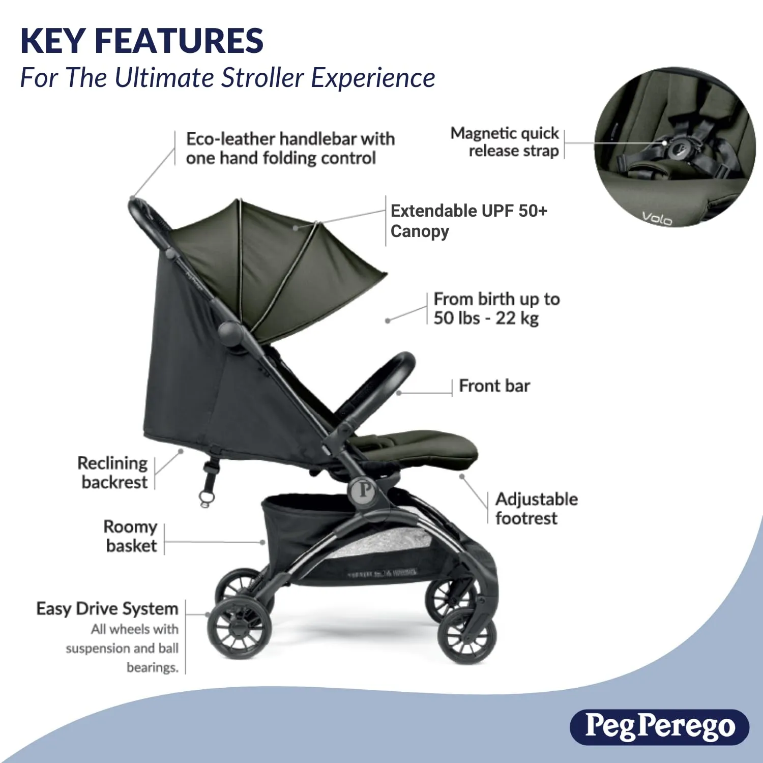 Peg Perego Volo, Ultra Lightweight Carry On Compliant Travel Stroller, Adjustable Features & Reclining Seat - Designed for Everyday Comfort from Newborn to 50lbs, True Black (Black)