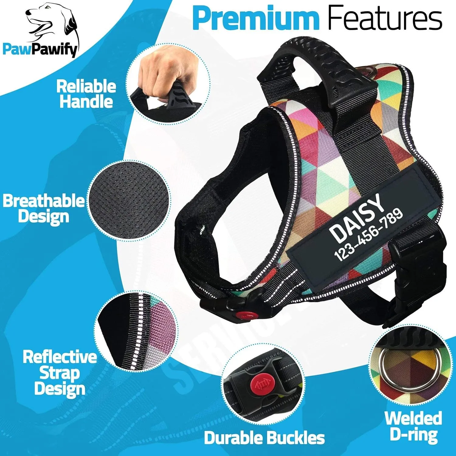 Personalized No Pull Dog Harness with Custom Name and Phone Number by PawPawify, Heavy Duty Pet Vest to Prevent Tugging, Pulling, or Choking, Training and Walking XS Chest 17-22in Color Grid