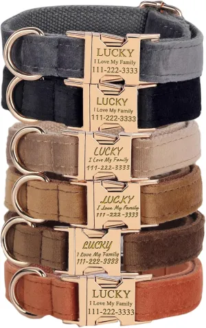 PETDURO Personalized Dog Collars Fancy Velvet with Custom Name Engraved for Large Medium Dog - Matching Leash, Bow Tie, Harness and Poop Bag Holder Available - Metal Buckle - Multi-Colors (L)