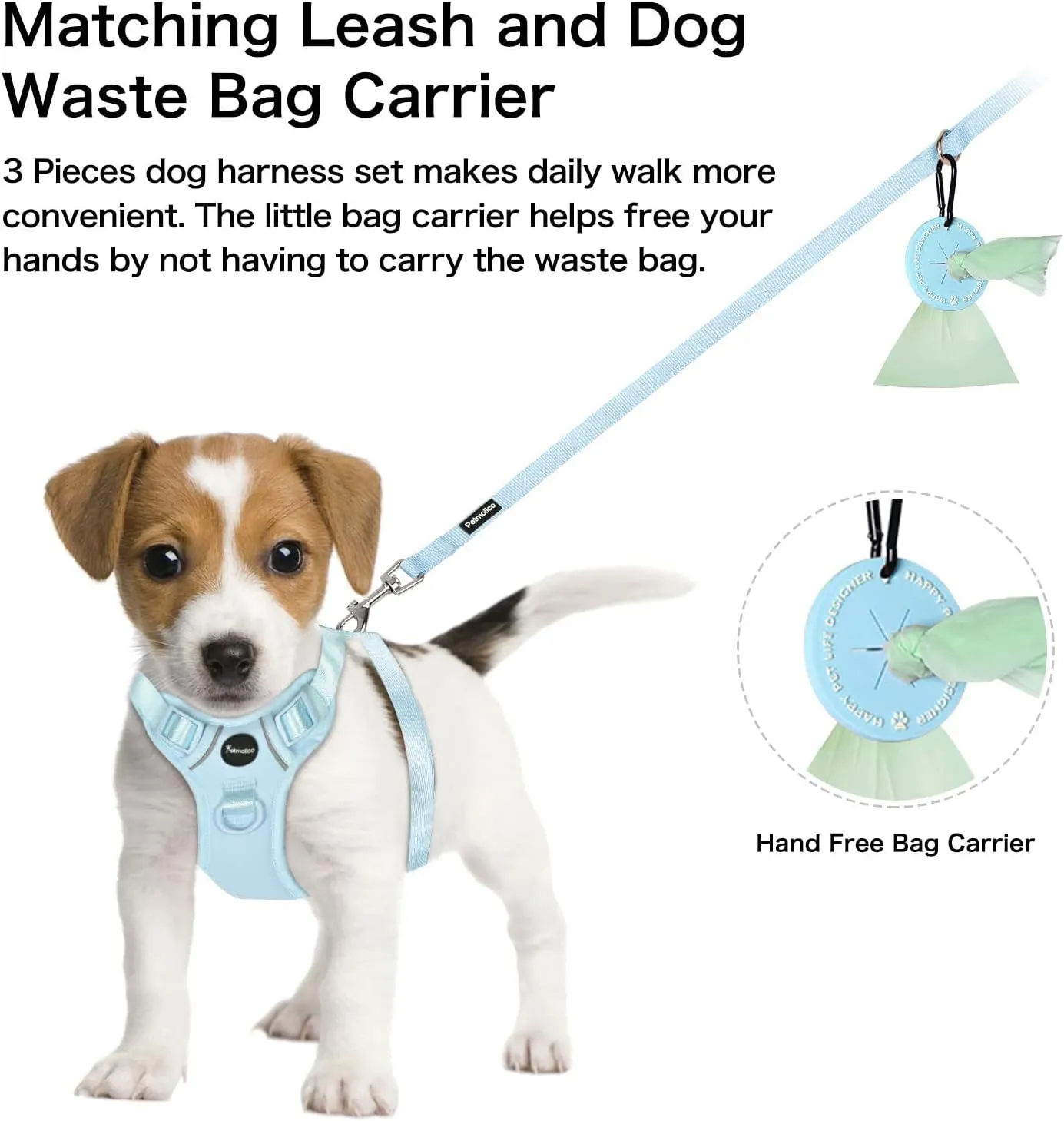 Petmolico Dog Harness for Small Dogs, Cute Harness Vest with Two Leash Clips and Soft Handle, Reflective Easy Walk Puppy Vest - Light Blue, Small