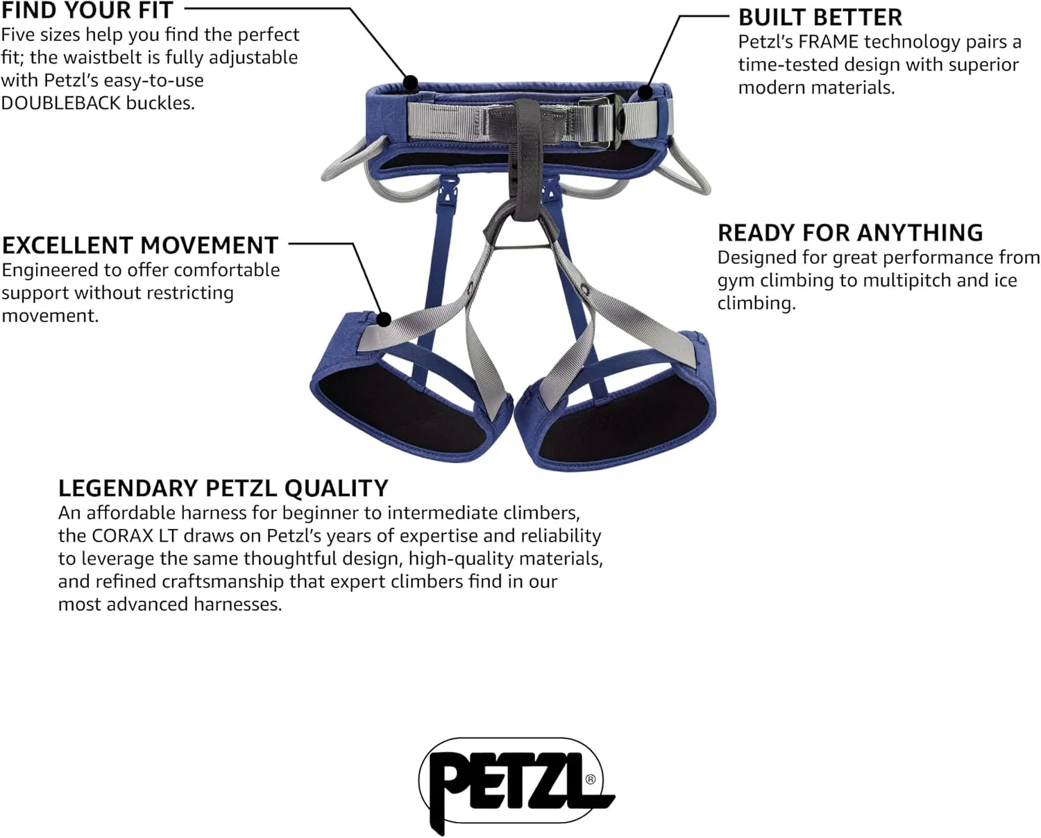PETZL CORAX LT Unisex Harness - Comfortable, Durable, and Versatile Rock Climbing Harness