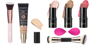 PHOERA CC Cream Foundation With SPF,PHOERA Full Coverage Foundation Color Correcting Cream,3 Pcs Cream Contour Stick Makeup Kit, Shades with Highlighter Stick, Blush Stick and Bronzer Contour Stick