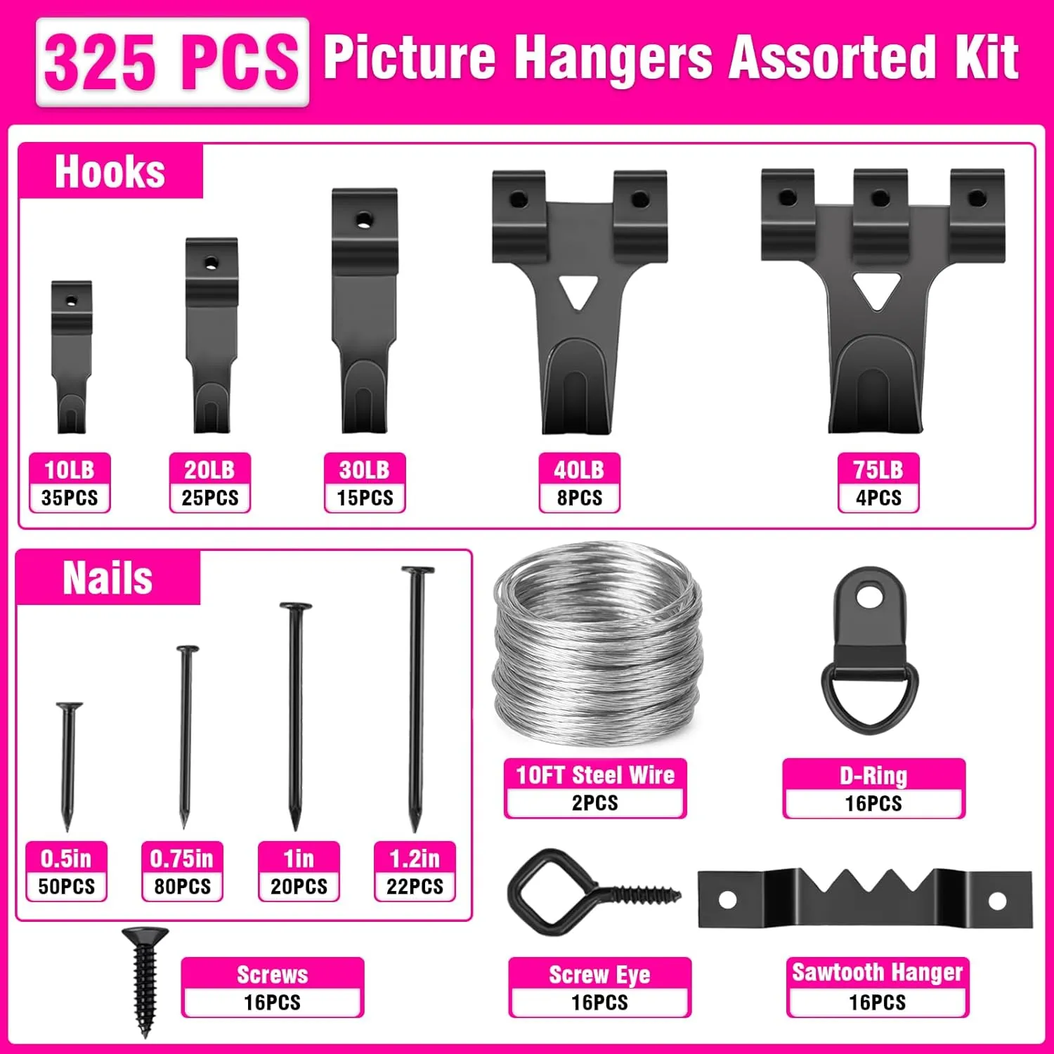 Picture Hanging Kit - 327Pcs Picture Hangers with Hooks, Nails, Wires, Level & Hammer, Easy to Use Wall Hanging Kit for Frame, Painting, Art, Photo, Picture Hanging Hardware for Home & Office Decor