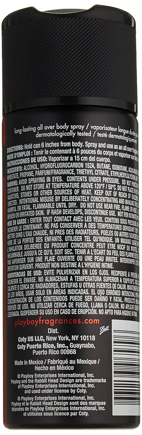 Playboy Male Body Spray, Vegas Scent, 4 oz., Long Lasting Body Spray for Men from Playboy, Scents of Musk, Amber, Vanilla