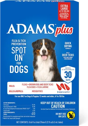 Plus Flea & Tick Prevention Spot On for Dogs 61-150 Pounds, 12 Weeks & Older, 3-Month Supply, Kills Fleas, Flea Eggs, Flea Larvae & Brown Dog & Deer Ticks, Kills & Repels Mosquitoes For 30 Days