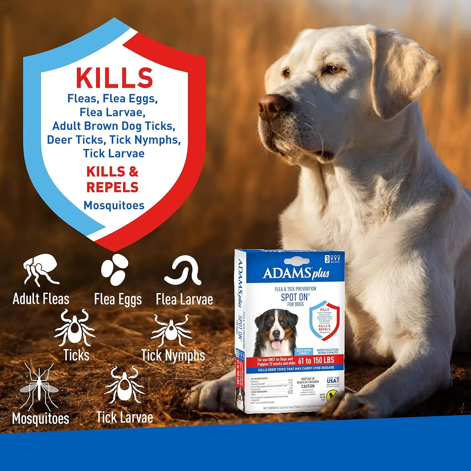 Plus Flea & Tick Prevention Spot On for Dogs 61-150 Pounds, 12 Weeks & Older, 3-Month Supply, Kills Fleas, Flea Eggs, Flea Larvae & Brown Dog & Deer Ticks, Kills & Repels Mosquitoes For 30 Days