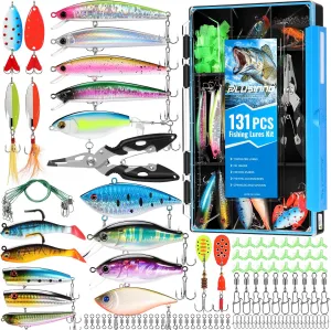 PLUSINNO Fishing Lures Fishing Tackle Box Fishing Gifts for Men, Bass, Trout Fishing Accessories Kit for Saltwater & Freshwater Fishing Gear Including Topwater Lures, Hooks, Spinnerbaits