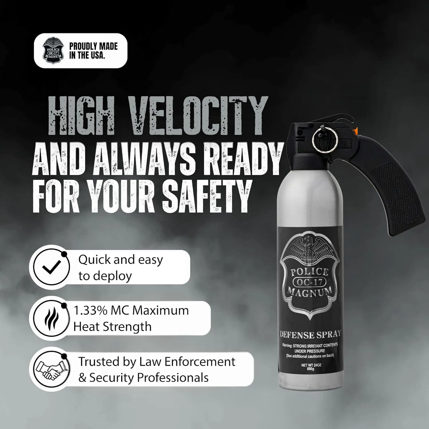POLICE MAGNUM Large Pepper Spray Home Defense Security- Safe Non Lethal Protection- Powerful 25ft Wide Fog Spray- Made in The USA - 1 Pistol Grip