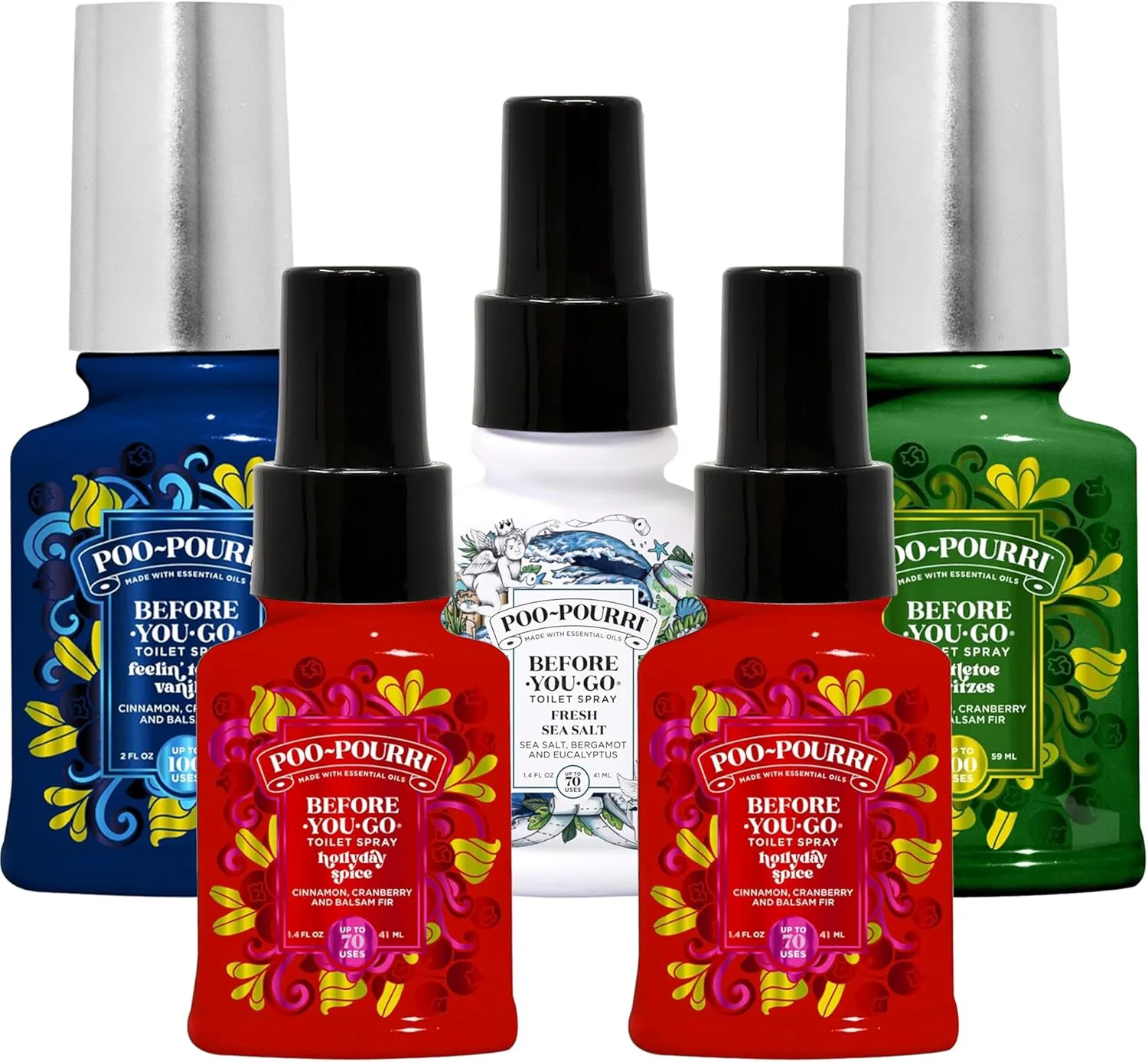 Poo-Pourri Before-You-Go Toilet Spray Holiday set, Hollyday Spice, Fresh Sea salt, Feelin' Toasty Vanilla, Mistletoe Spritzes