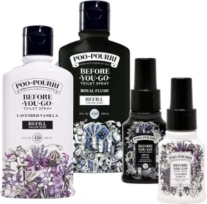 Poo-Pourri Before-You- go Toilet Spray, Lavender Vanilla and Royal Flush,Refill Bottles 9 Fl Oz x2 and 1.4 Fl Oz Spray x2