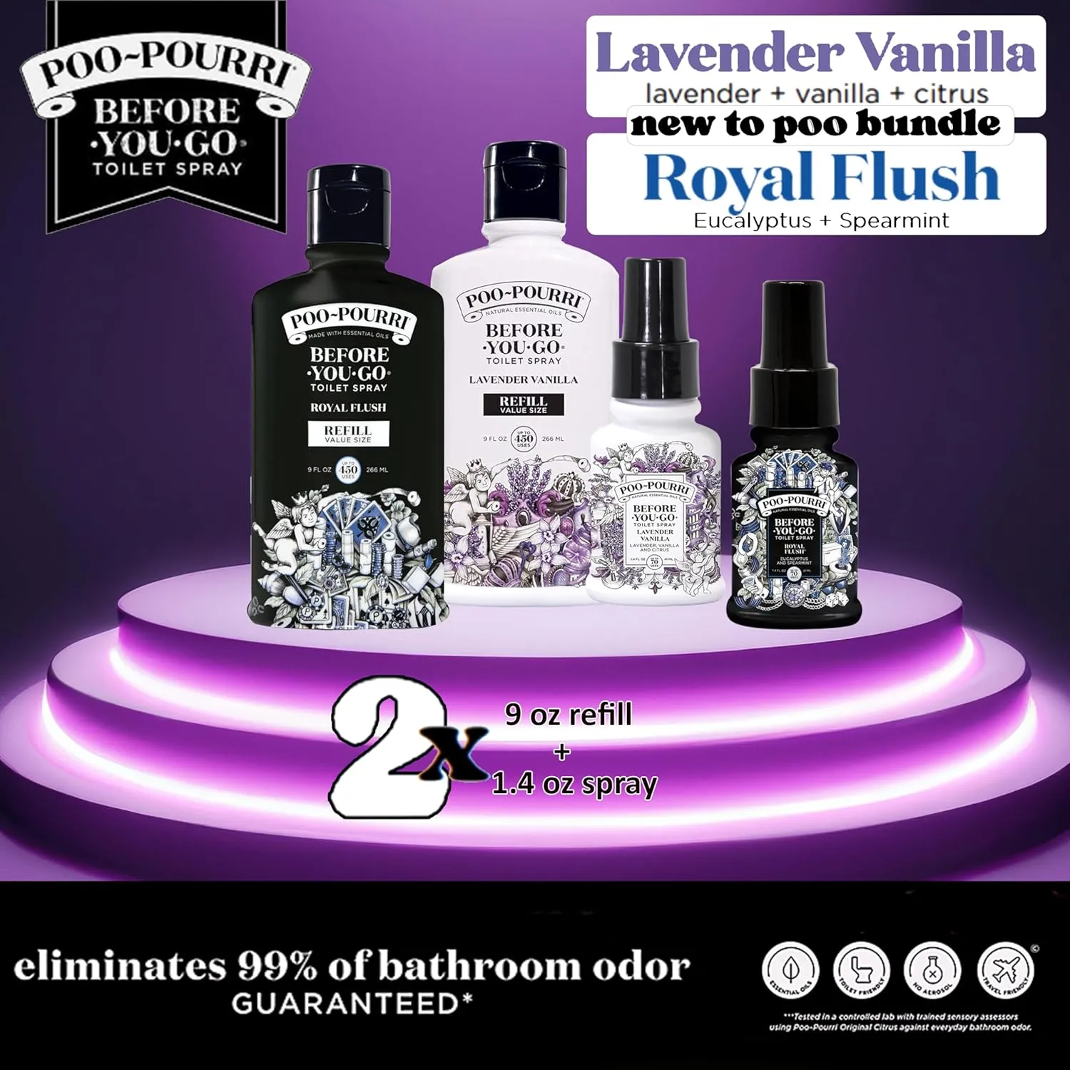 Poo-Pourri Before-You- go Toilet Spray, Lavender Vanilla and Royal Flush,Refill Bottles 9 Fl Oz x2 and 1.4 Fl Oz Spray x2