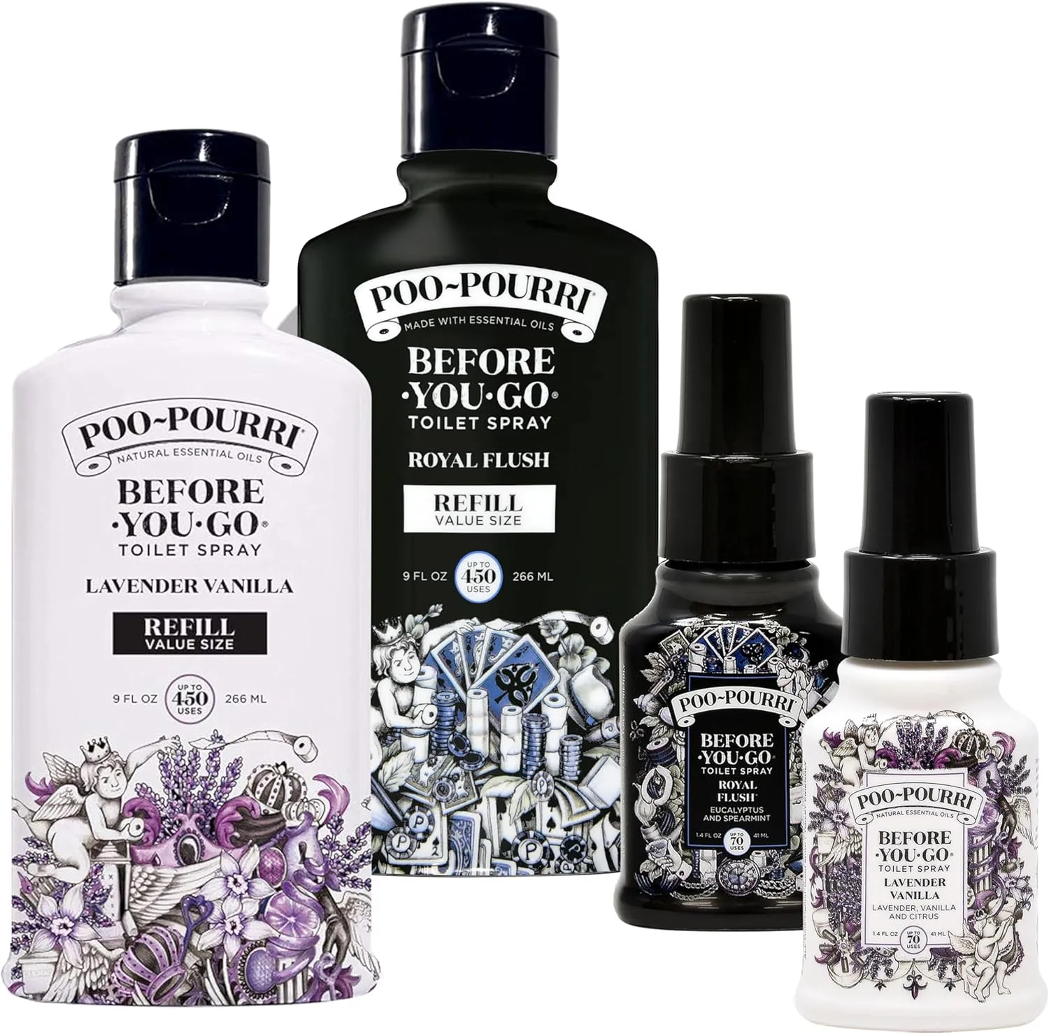 Poo-Pourri Before-You- go Toilet Spray, Lavender Vanilla and Royal Flush,Refill Bottles 9 Fl Oz x2 and 1.4 Fl Oz Spray x2