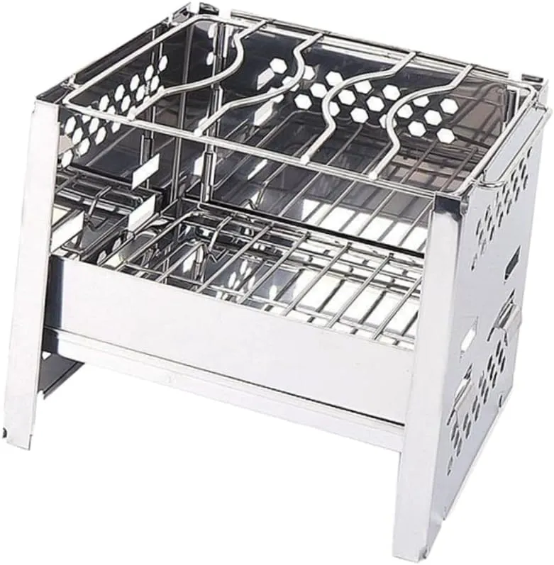 Portable BBQ Grill Mini Stainless Steel Stove Outdoor Cooking Square Wood Burning Collapsible for Great for Camping