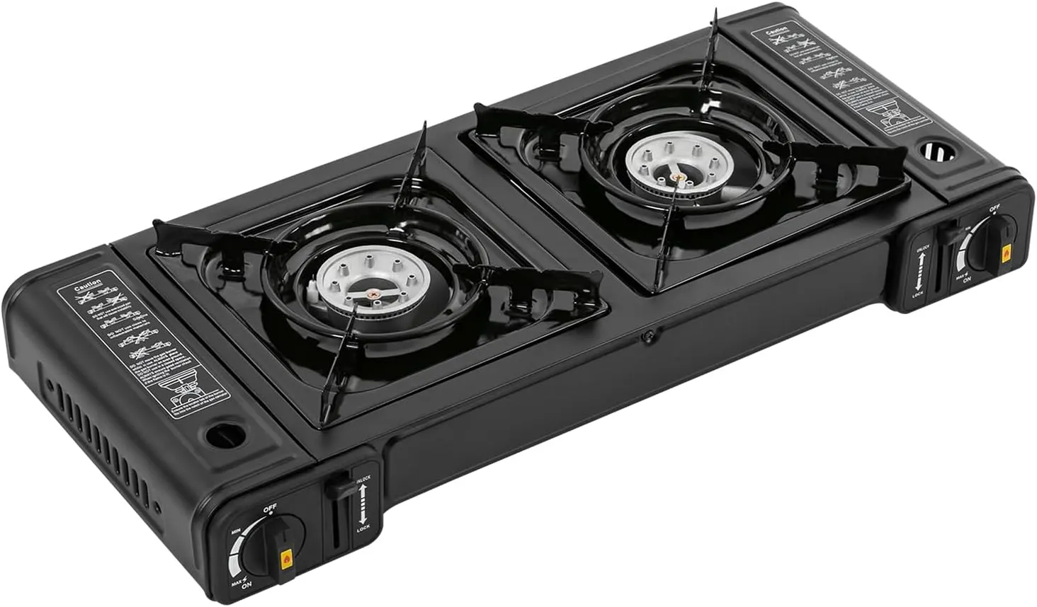 portable butane camping stove, dual burner camping stove, equipped with a carrying case, efficient cooking, suitable for camping, apartments, outdoor kitchens, RVs
