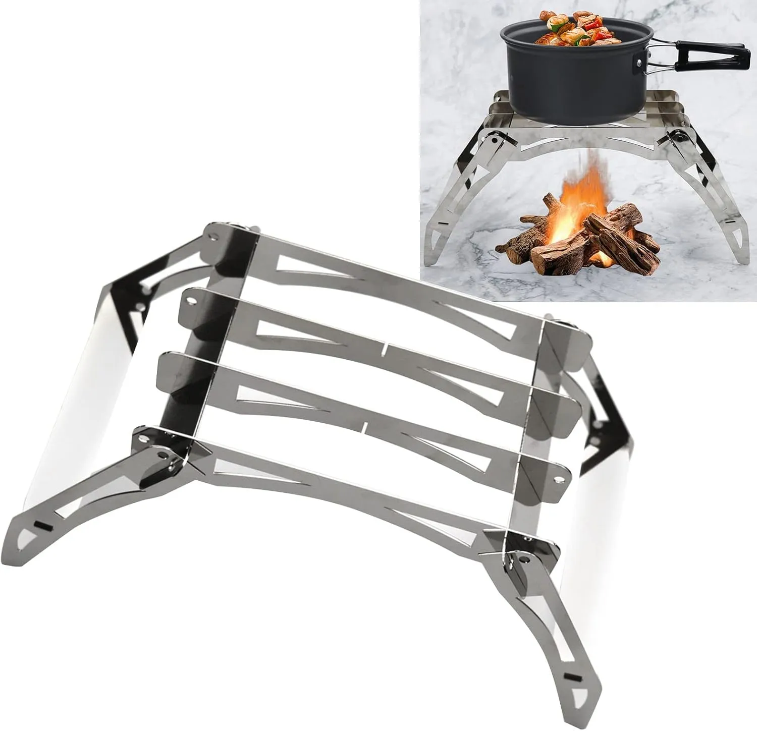 Portable Camping Cooking Rack, Stainless Steel Foldable Stove Stand for Hiking, Mini Wood Pocket Stove,Folding Camp Stove, High Hardness, Compact Portable, for Backpacking Picnics Outdoor Cooking
