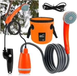 Portable Camping Shower | Rechargeable/Indoor Outdoor Shower Pump with 20L Collapasable Bucket | High-Powered Motor | Compact for Camping, Hiking & Traveling | Pets & Pesonal use