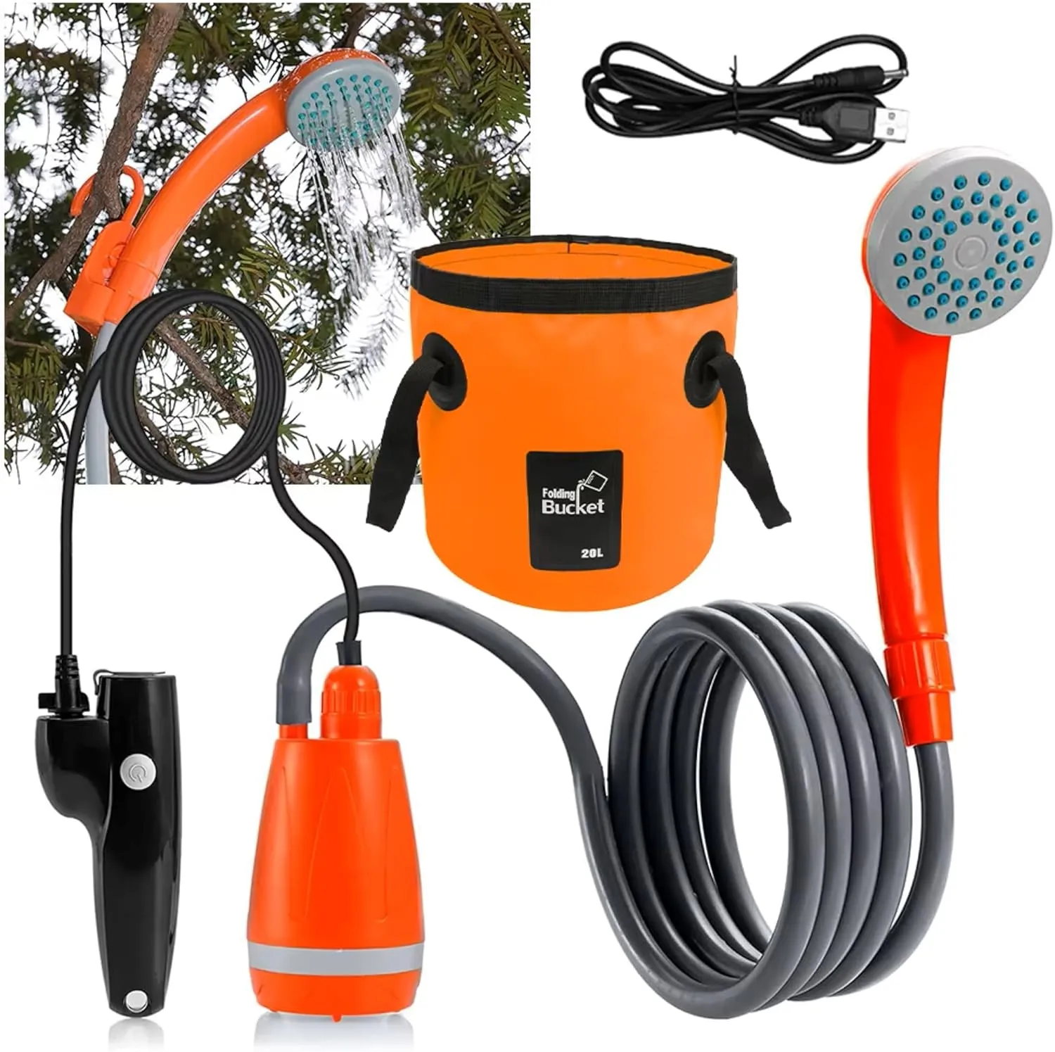Portable Camping Shower | Rechargeable/Indoor Outdoor Shower Pump with 20L Collapasable Bucket | High-Powered Motor | Compact for Camping, Hiking & Traveling | Pets & Pesonal use