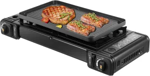 Portable Camping Stove 2 Burners Butane Stove with Non-Sticking Grill Tray Portable Gas Stove for RV Apartment Outdoor BBQ, Multi-Purpose Furnace