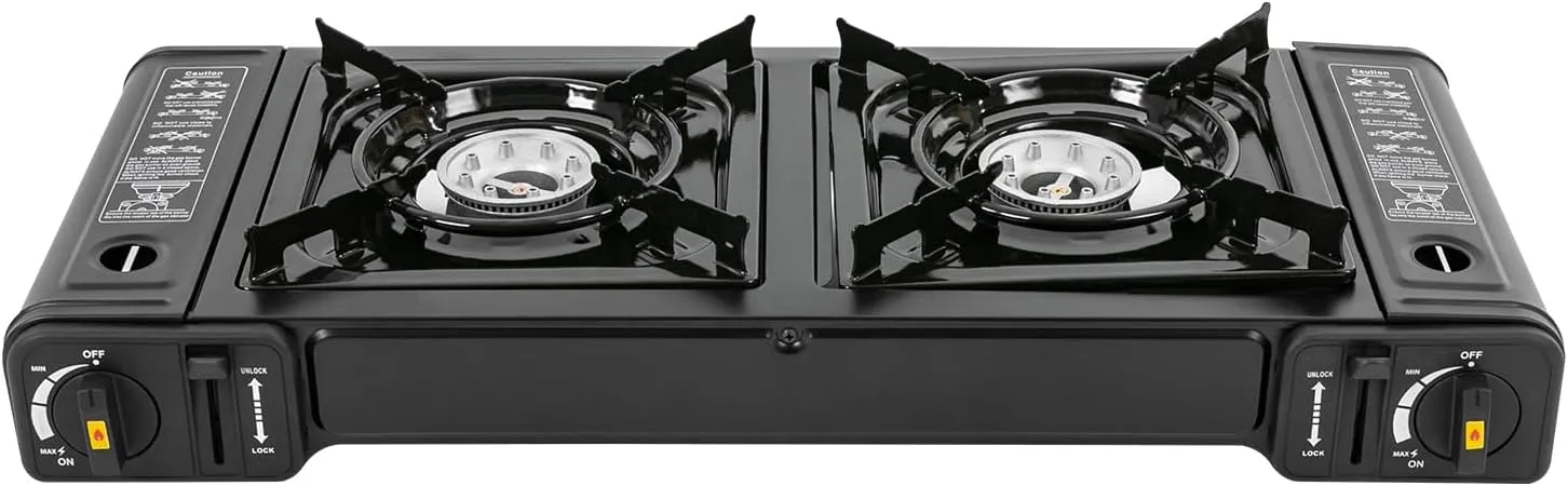 Portable Camping Stove with Grill Tray, Dual Burner 3924 BTU, Piezoelectric Ignition, 9.9 lbs - Suitable For Outdoor Camping