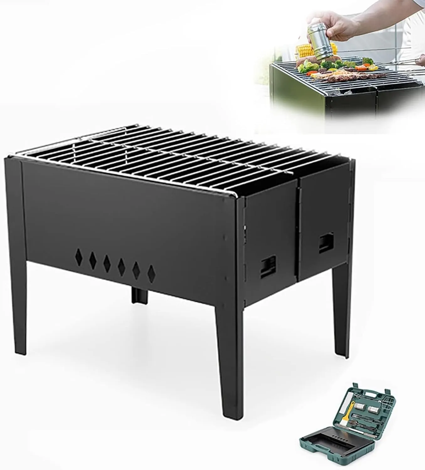 Portable Charcoal Grill, Folding BBQ Kit for 2-3 People, Lightweight & Compact for Outdoor Camping, Picnic, Hiking, Beach, Black
