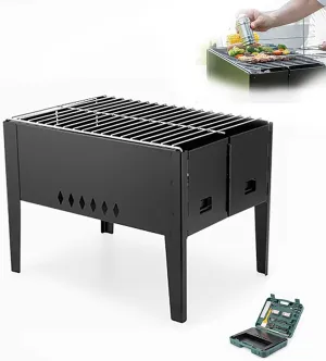 Portable Charcoal Grill, Folding BBQ Kit for 2-3 People, Lightweight & Compact for Outdoor Camping, Picnic, Hiking, Beach, Black
