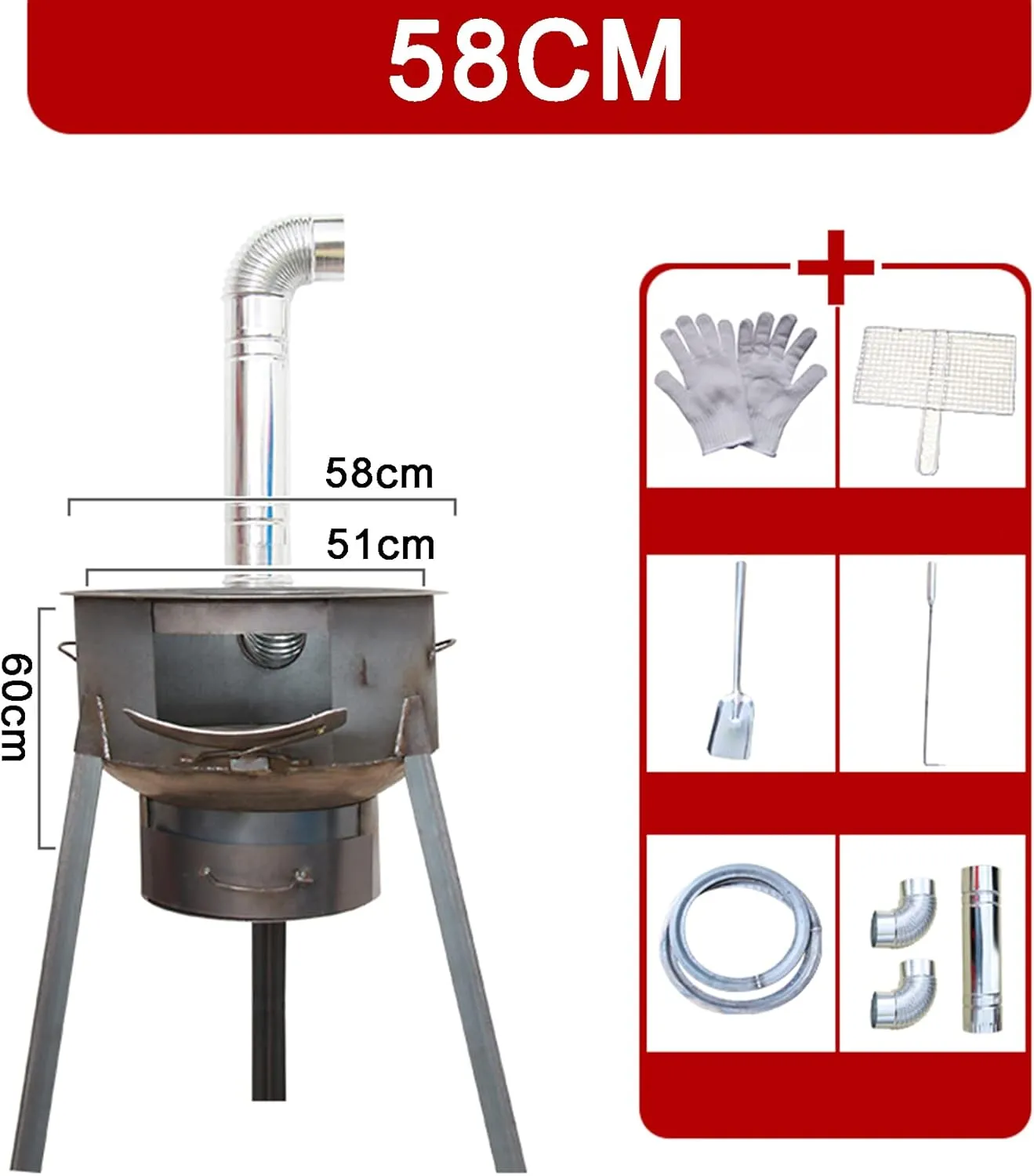 Portable Detachable Coal/wood Stove, Multi-function Heating And Cooking Cast Iron Stove, Mobile Indoor/outdoor Camping Stove,Portable with Chimney Pipe,BBQ,58CM