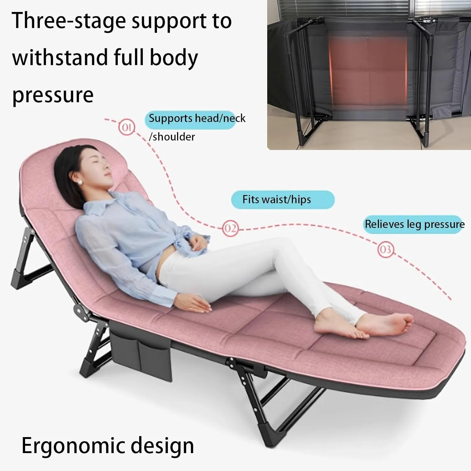 Portable Folding Bed for Lunch Break, Camping Cot Single Person Simple Guest Bed, Rollaway Cot with 5-Speed Adjustable Backrest and Memory Pillow for Home, Office, Patio(Gray,170 * 55 * 30cm)